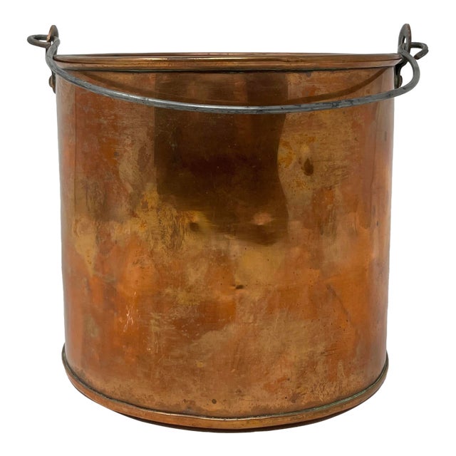 Antique Copper Bucket With Bale Handle, Fireplace Accessory, Rustic Planter For Sale
