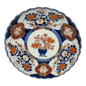 Antique Imari Plate /Charger With Scalloped Edges and Hand Painted Floral Designs - Circa 1900