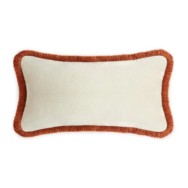 White Velvet With Brick Fringes Rectangle Happy Pillow from Lo Decor For Sale - Image 4 of 4