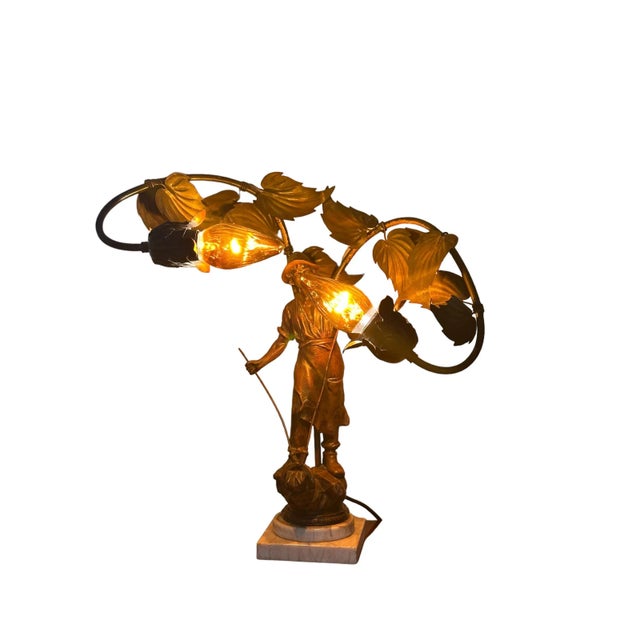 Late 19th century to early 20th century Art Nouveau, Jugendstil spelter figural Ironworker lamp. Beautifully crafted and...