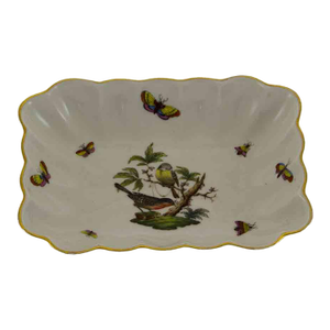 1960’s Vintage Herend Hand-Painted Oblong Shaped Dish With Birds & Butterflies Decoration
