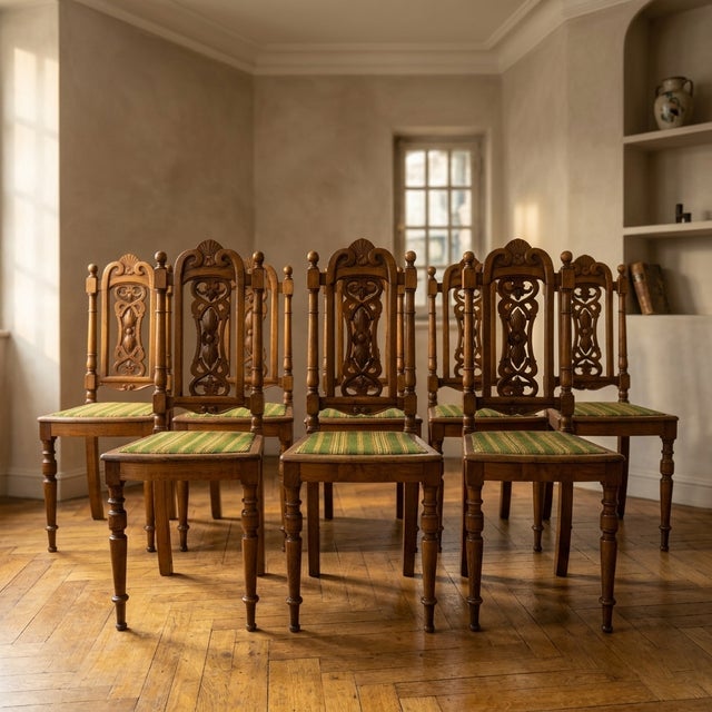 Early 20th Century Renaissance Revival Dining Chairs in Carved Wood, Czechoslovakia, 1920s, Set of 9 For Sale - Image 4 of 9