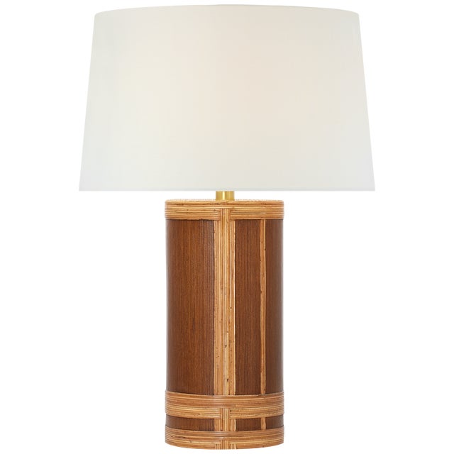 Transitional Marie Flanigan by Visual Comfort Signature Lignum Medium Table Lamp in Dark Oak and Dark Rattan with Linen Shade For Sale - Image 3 of 3