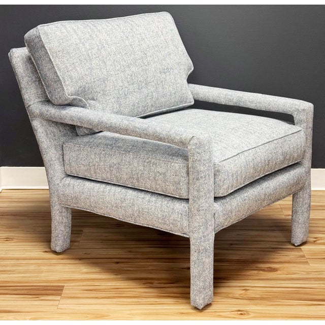 Newly Upholstered Vintage MCM Parsons Chair in Rich Blue Tweed For Sale In Kansas City - Image 6 of 12