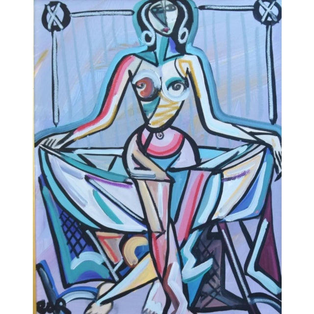 Contemporary, modern cubism original one-of-a-kind oil painting of a woman nude on stretched artist's canvas. The artwork...