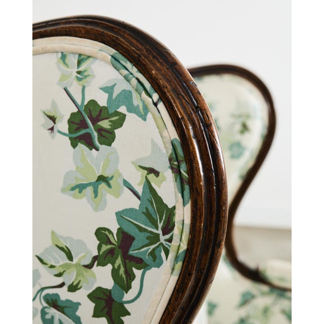 Pair of Country French Provincial Walnut Botanical Wingback Chairs For Sale - Image 9 of 12
