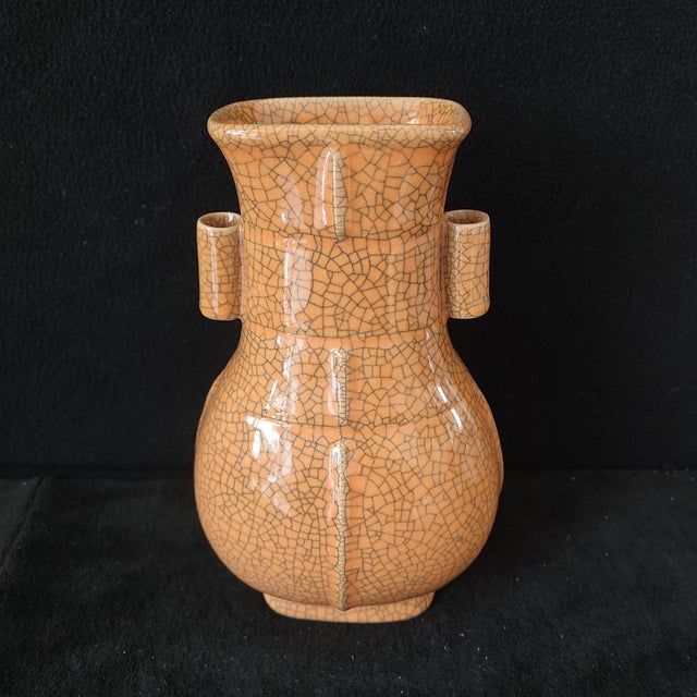 Art Deco Chinese Ceramic Vase,Ge Ware Brown Crackle Glaze Porcelain Double Ears Vase For Sale - Image 3 of 10