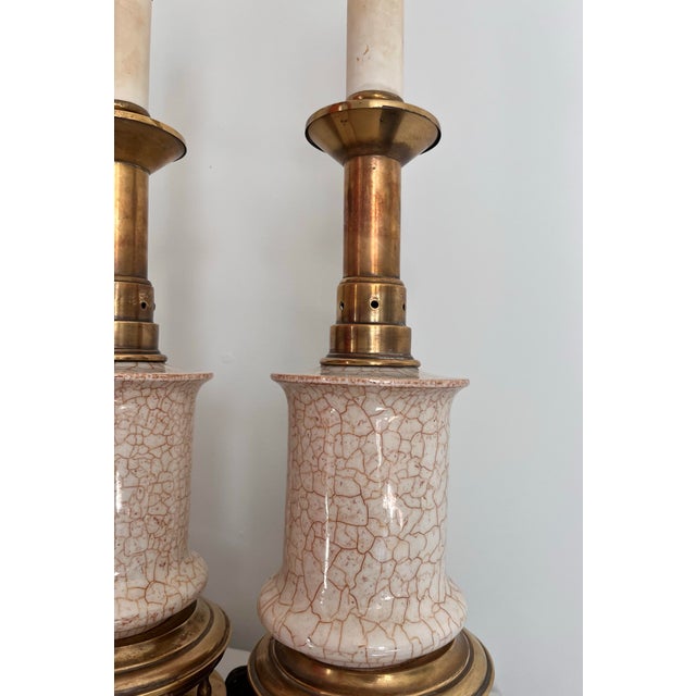 Ceramic Stiffel Mid-Century Modern Crackle Glazed Brass Table Lamps - A Pair For Sale - Image 7 of 11