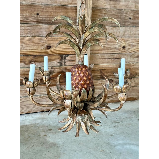 Vintage Tole Pineapple Five-Light Chandelier With Gilt Metal Leaves For Sale - Image 12 of 12