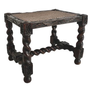Early 20th C Jacobean Style Barley Twist Foot Stool W/ Cane Seat For Sale