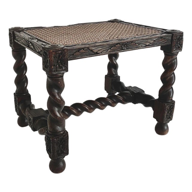 Early 20th C Jacobean Style Barley Twist Footstool W/ Cane Seat For Sale
