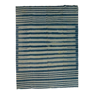 Vintage Dhurrie Rug With Blue and Cream Stripes | Rug & Kilim For Sale