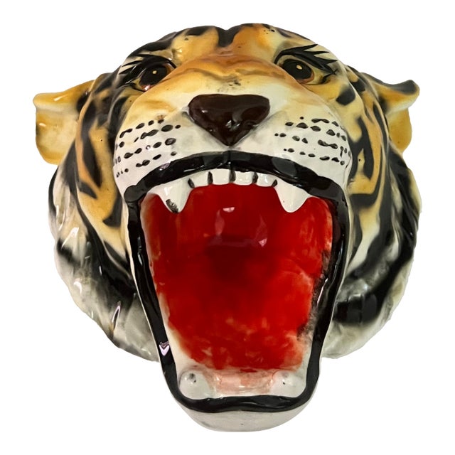 Vintage Hand Painted Tiger Head Wall Sculpture For Sale