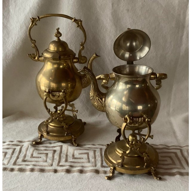 Pair of Mid-Century Turkish Brass Coffee Pots With Warming Stands - Handmade c.1950s, Diplomatic Provenance For Sale - Image 9 of 12