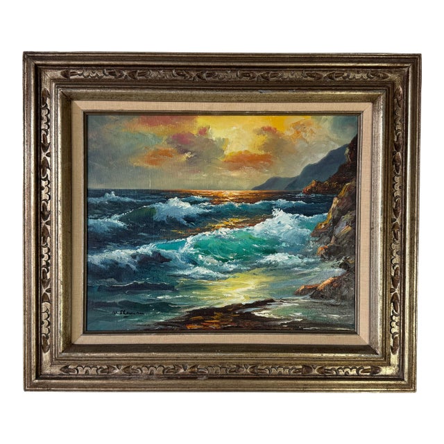1970’s Vintage S. Sherman Impressionist Sunset Ocean Landscape Oil on Canvas Painting For Sale