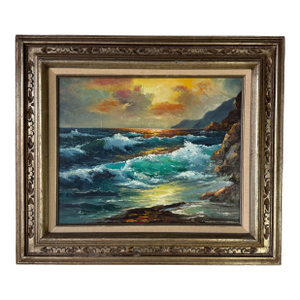 1970’s Vintage S. Sherman Impressionist Sunset Ocean Landscape Oil on Canvas Painting