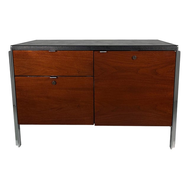Vintage Mid Century Modern Walnut and Electa Chrome Credenza Filing Cabinet by Stow Davis For Sale