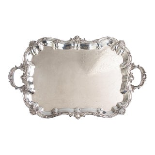 Large Antique English Silver Plate Rectangular Footed Serving Tray With Handles For Sale