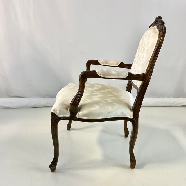 1980s Vintage Hollywood Regency French Provincial Open Arm Bergere Side Chair, Newly Reupholstered For Sale - Image 11 of 17