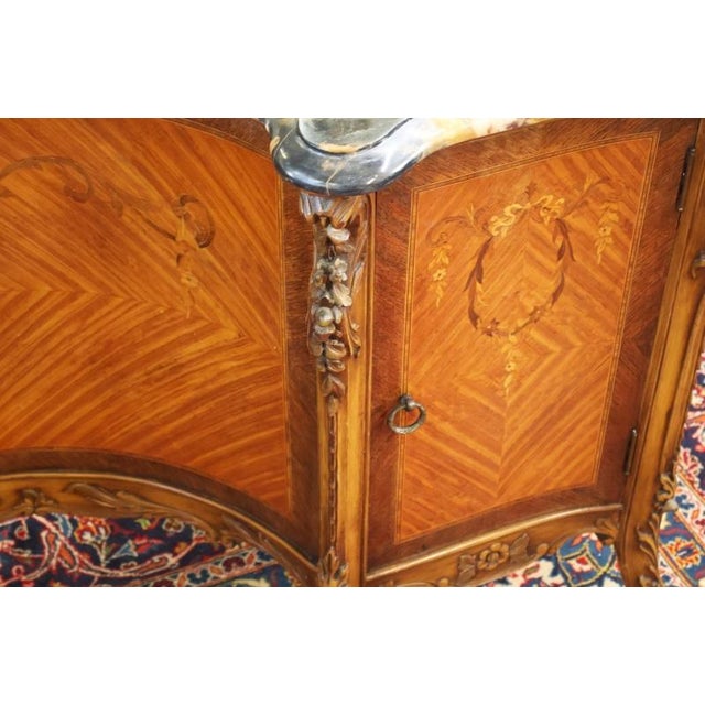 French Louis XV Style Walnut and Satinwood Inlaid Marble Top Vanity Circa 1920's For Sale - Image 11 of 14