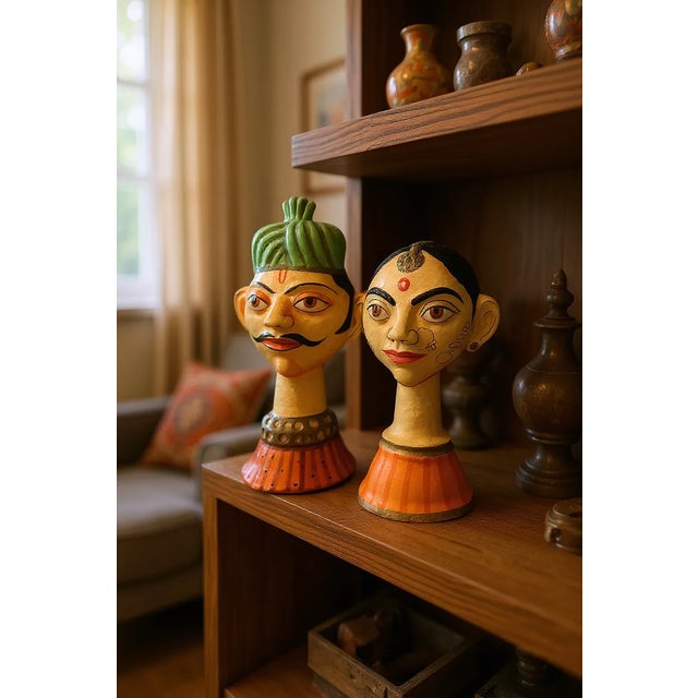 2000 - 2009 India Paper Mache Folk Art Bust Pair-Rajasthani Style Heads-Kasmiri-Sculpture For Sale - Image 5 of 15