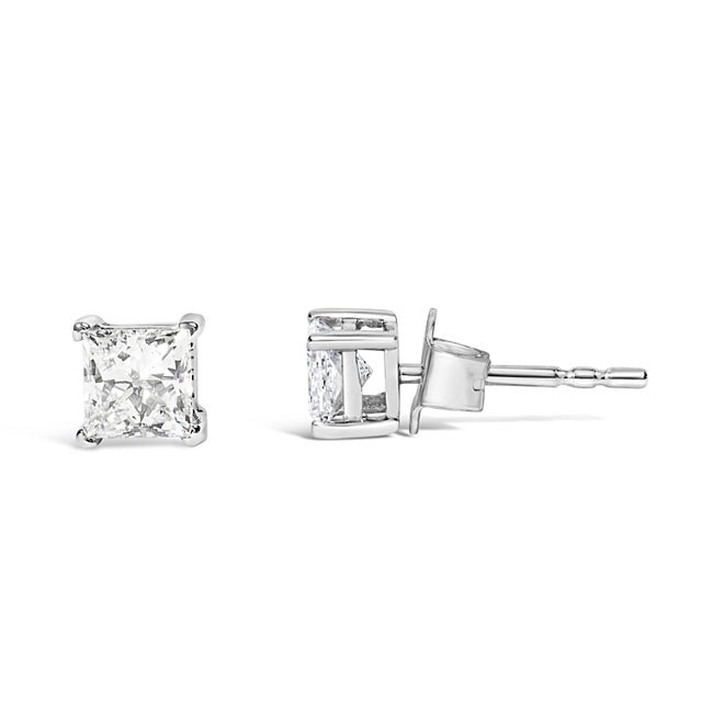 Contemporary 14K White Gold 3/4 Cttw Princess Cut Lab Grown Diamond Solitaire Stud Earrings (F-G Color, VS2-SI1 Clarity) For Sale - Image 3 of 5