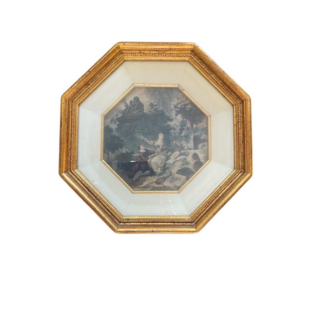 Rococo 1940s French Set of 4 Fragonard Prints in Gilded Octagonal Frames For Sale - Image 3 of 5