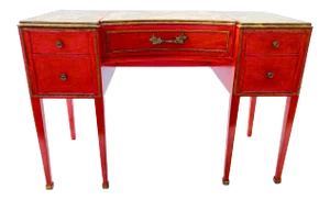 1970’s French Chateau Style Desk/Vanity in Aged Amber/Pink Decor Color, Non-Working Center Section. Faux Marble Top.