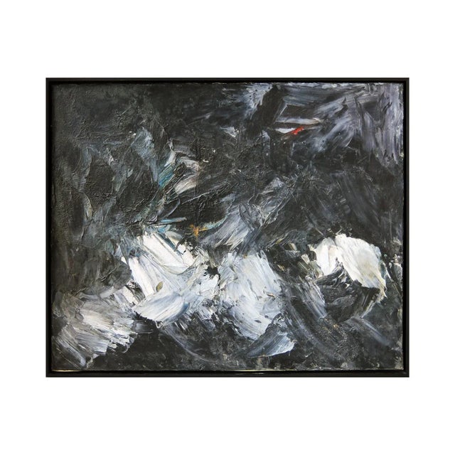 Black and white abstract figurative painting by Polish-Australian artist, Stacha Halpern. This painting depicts large,...