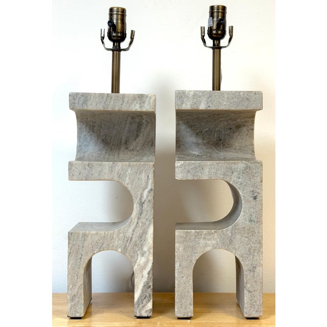 1980s Italian Sculptural Gray Marble Architectural Table Lamps - a Pair For Sale - Image 9 of 16