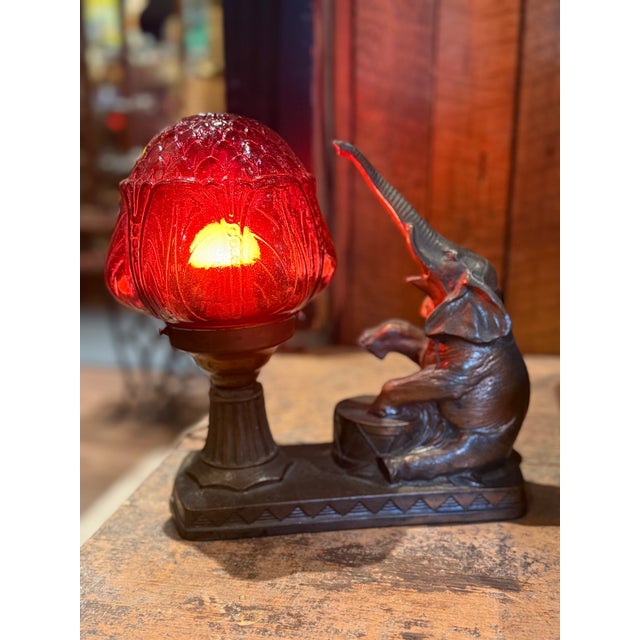 1930s 1930s Gibraltar Art Deco Spelter Elephant Table Lamp With Ruby Red Glass Shade For Sale - Image 5 of 13