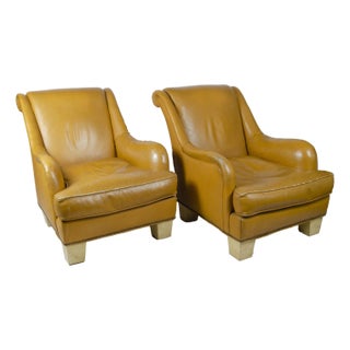 Pair of 1940s Mid-Century Modern Leather Club Chairs With Parchment Paper-Covered Wood Legs, France For Sale