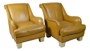 Pair of 1940s Mid-Century Modern Leather Club Chairs With Parchment Paper-Covered Wood Legs, France