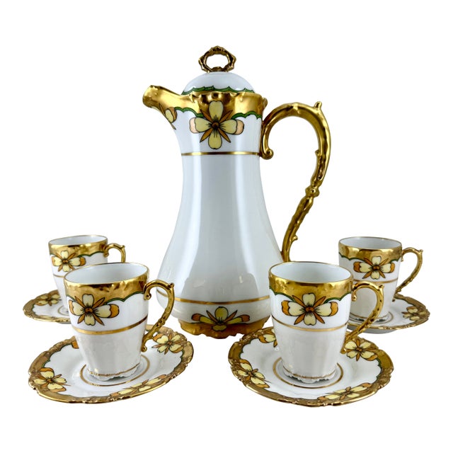 Early 20th Century Ls & S Limoges Art Nouveau Chocolate Pot With 4 Cups and Saucers- 9 Pieces For Sale