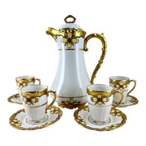 Early 20th Century Ls & S Limoges Art Nouveau Chocolate Pot With 4 Cups and Saucers- 9 Pieces