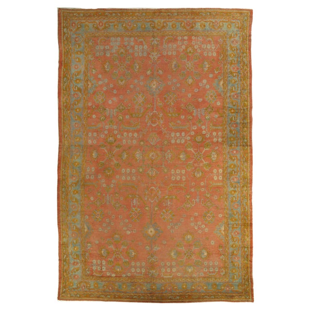 Antique Oushak Carpet, Oriental Rug, Handmade Rug Saffron, Light Blue and Coral For Sale - Image 18 of 18