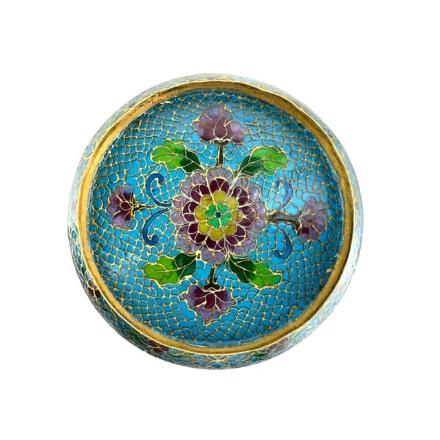 Vintage Mid 20th Century Chinese Cloisonné Decorative Bowl in Brilliant Sky Blue With Floral Motif For Sale - Image 16 of 16
