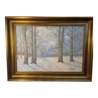 Impressionist Oil Painting by Oyert Olsen 1933 a Beautiful Winters Day in the Wood. Oil on Canvas - Original Gold Gilded Wood Frame. For Sale