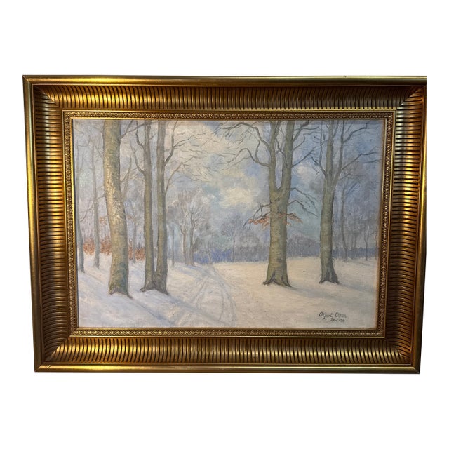 Impressionist Oil Painting by Oyert Olsen 1933 a Beautiful Winters Day in the Wood. Oil on Canvas - Original Gold Gilded Wood Frame. For Sale