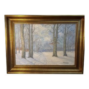 Impressionist Oil Painting by Oyert Olsen 1933 a Beautiful Winters Day in the Wood. Oil on Canvas - Original Gold Gilded Wood Frame.