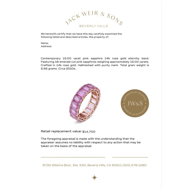 Contemporary 15.00 Carat Pink Sapphire 14k Rose Gold Eternity Band, Size 8.25 For Sale In Los Angeles - Image 6 of 6
