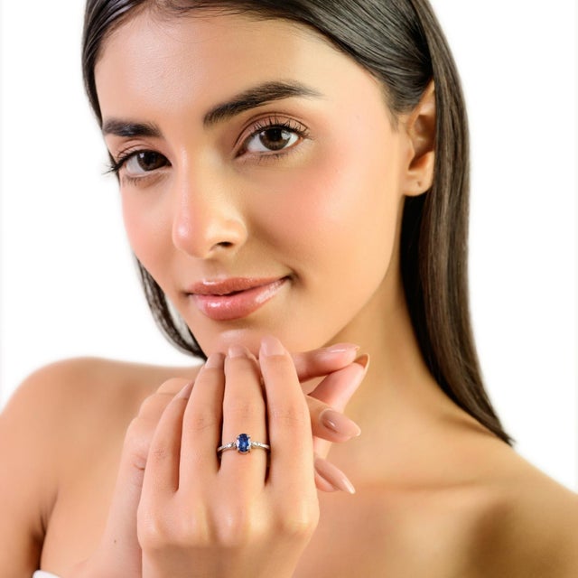 Blue Classic Prong Set 7x5mm Blue Sapphire & Diamond Silver Ring for Women - Size 7 For Sale - Image 8 of 11