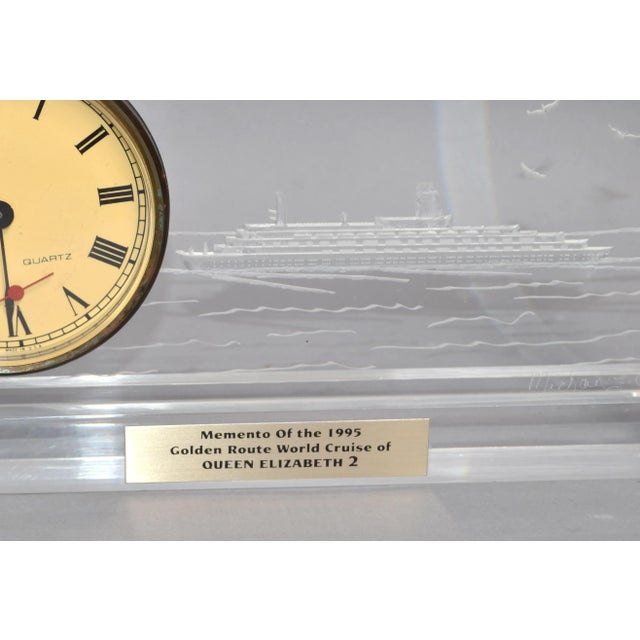 Transparent Michael F. Cox Reverse Carved Lucite Desk Clock Queen Elizabeth 2 Cruise Ship 95 For Sale - Image 8 of 13