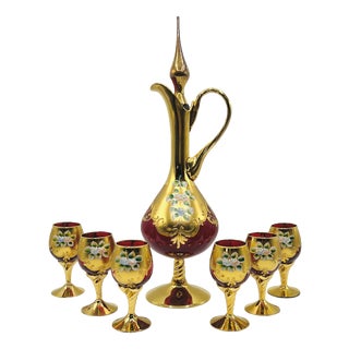 Ruby Red Murano Glass Tre Fuochi Decanter and Liqueur Service, 1950s, Set of 7 For Sale