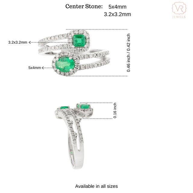 White Two Stone Emerald & Chunky Diamonds Bypass Ring Size 7 For Sale - Image 8 of 12