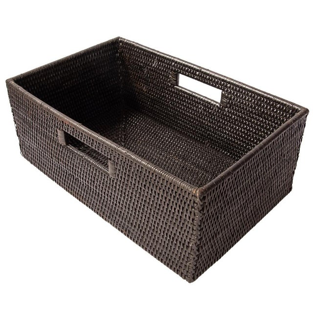 Coffee Artifacts Rattan Rectangular Shelf Basket with Side Handles in Tudor Black - 16" For Sale - Image 8 of 11