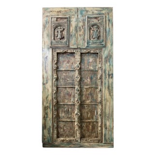Antique Indian Carved Door Distressed Blue-Green Patina Statement Door 84x40 For Sale