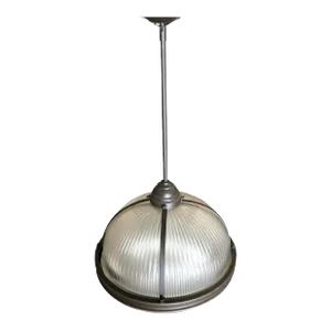 Industrial Ribbed Pendant Lamp Holophane Style Pair