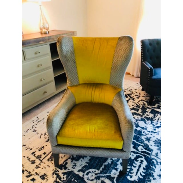 Hi there! I am selling this trio of Lee Industries wingback chairs ( style 1723-01 ) in gunmetal grey / goldenrod yellow...