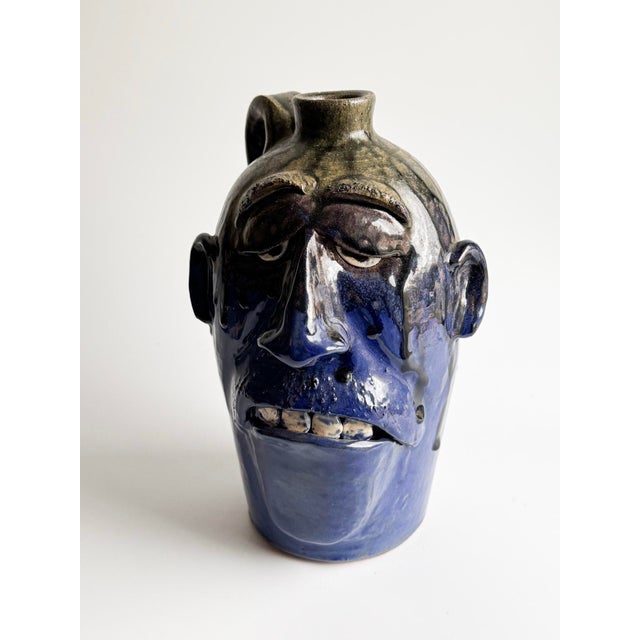 Mid 20th Century Vintage Georgia Folk Pottery Face Jug by Dal Burtchaell – Blue Glaze Sculptural Pitcher – Southern Folk Art For Sale - Image 5 of 12